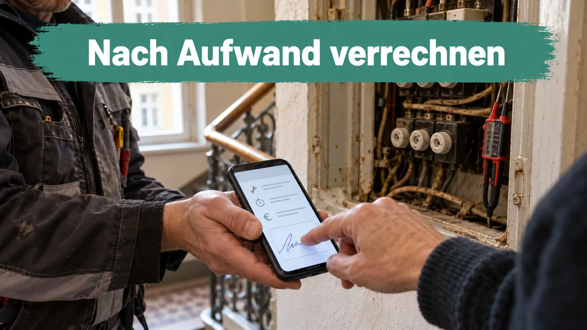 Nahaufnahme: Kunde unterschreibt mit dem Finger auf dem Smartphone des Elektrikers, dahinter ein offener Altbau-Sicherungskasten mit Messgerät; Banner-Text „Nach Aufwand verrechnen“.