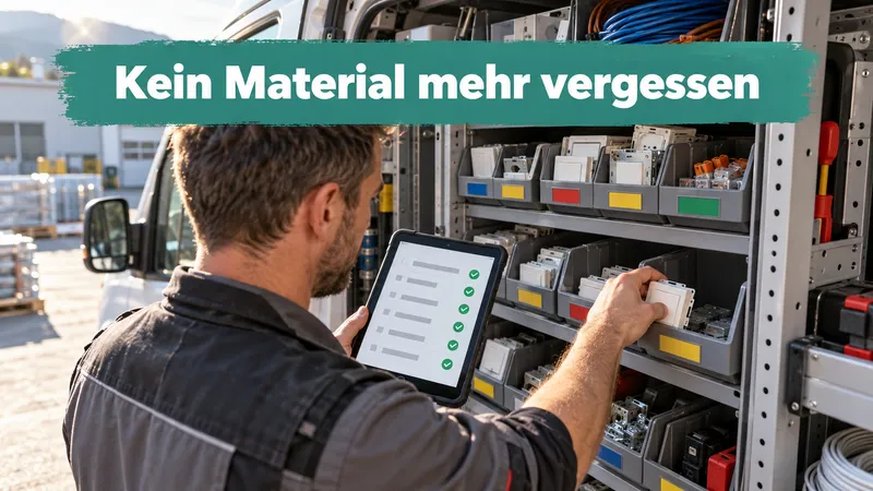 Elektriker legt an der offenen Schiebetür seines Kastenwagens einen Schalter ins Sortimentsfach und hakt auf dem Tablet ab; Banner-Text „Kein Material mehr vergessen“
