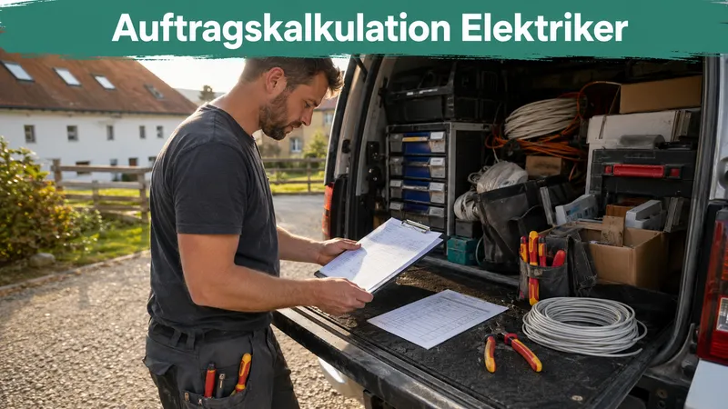 Elektriker vergleicht am offenen Kofferraum seines Firmenautos handschriftliche Stundennotizen und Materialbelege eines abgeschlossenen Auftrags; Banner-Text „Auftragskalkulation Elektriker“