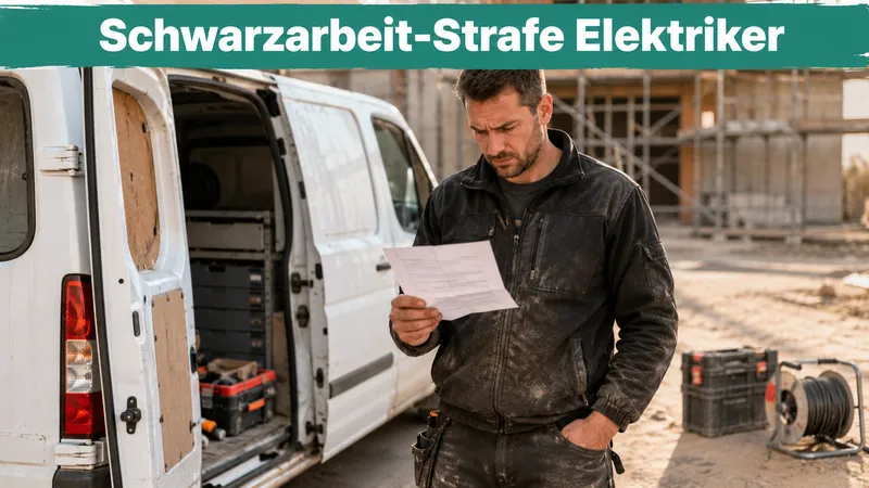 Elektriker steht neben seinem Firmenwagen auf der Baustelle und liest nachdenklich ein amtliches Straferkenntnis; Banner-Text „Schwarzarbeit-Strafe Elektriker“