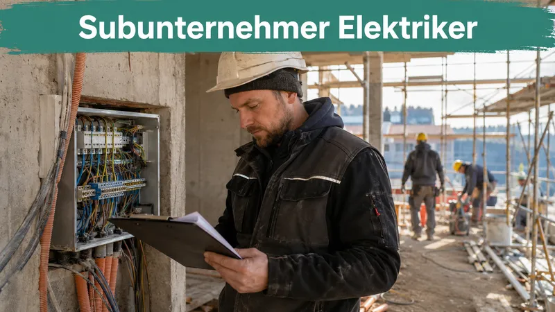 Elektriker prüft auf einer Rohbau-Baustelle mit Klemmbrett eine Rechnung neben einer offenen Verteilerdose, im Hintergrund ein Baugerüst; Banner-Text „Subunternehmer Elektriker“