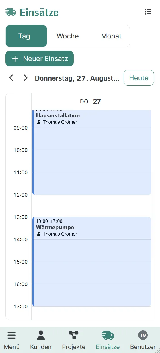 Terminplanung am Handy: Tagesansicht mit zwei Terminen