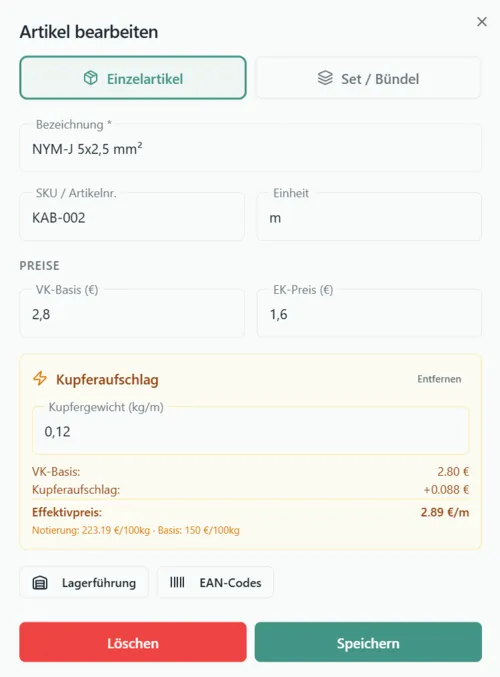 Kupferzuschlag-Berechnung in easyElektriker